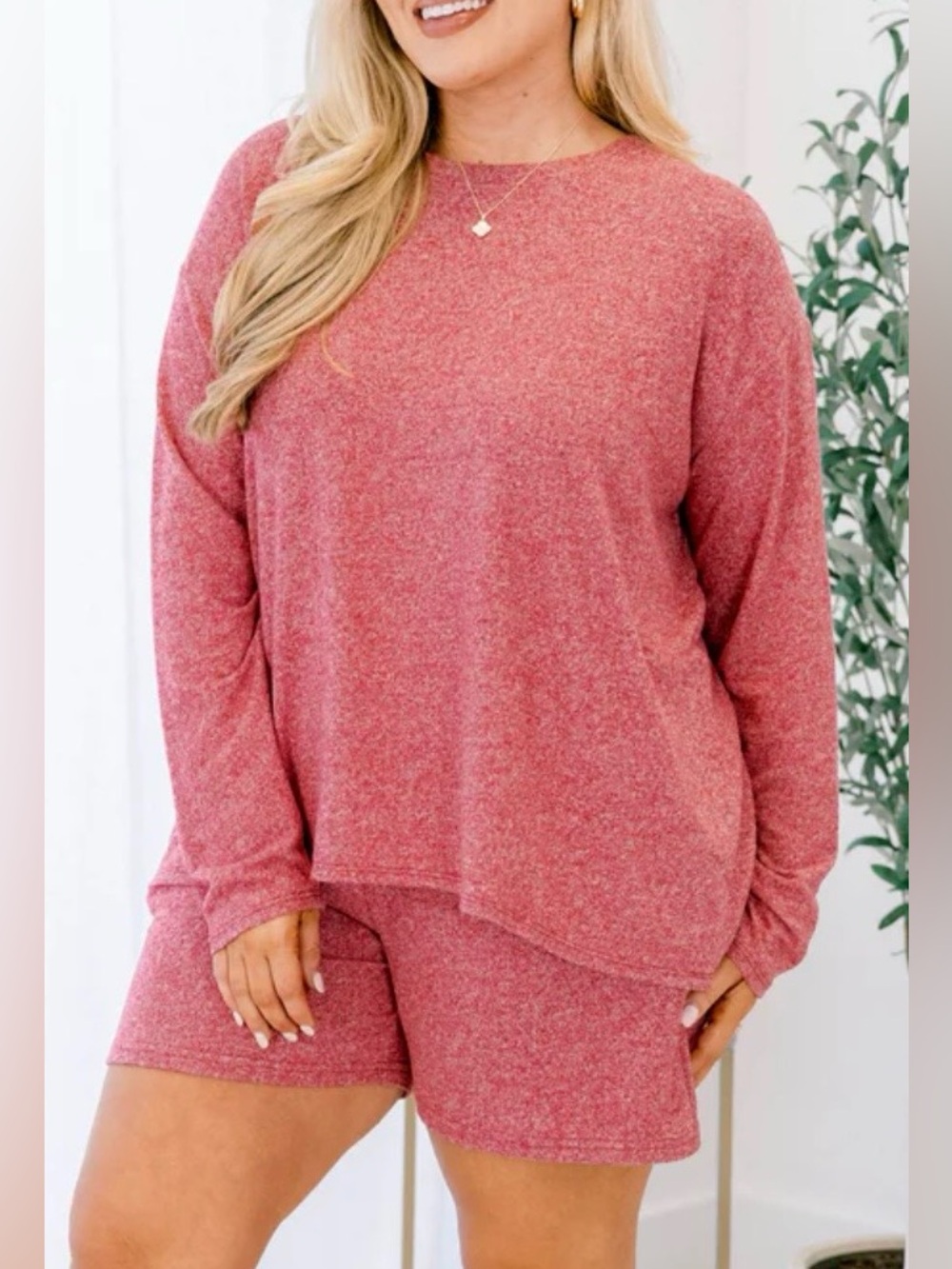 NEW! Plus Size Dark Red Plus soft melange long sleeve tee & shorts set Size 1X - Picture 4 of 6